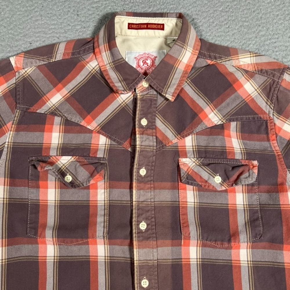 Christian Audigier Shirt Mens XL Brown Plaid Cotton‎ Twill Double Pocket Preppy